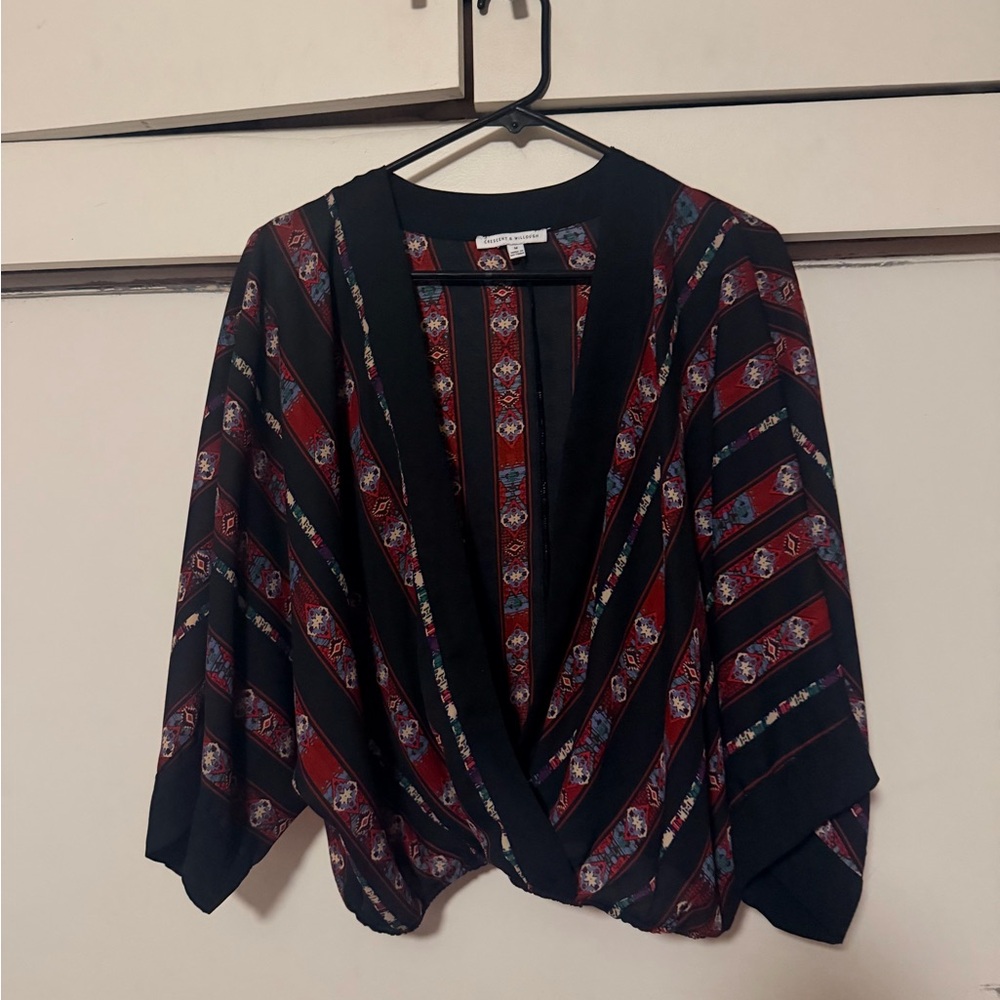 Crescent & Willough Black & Burgundy Boho Print Blouse Size M